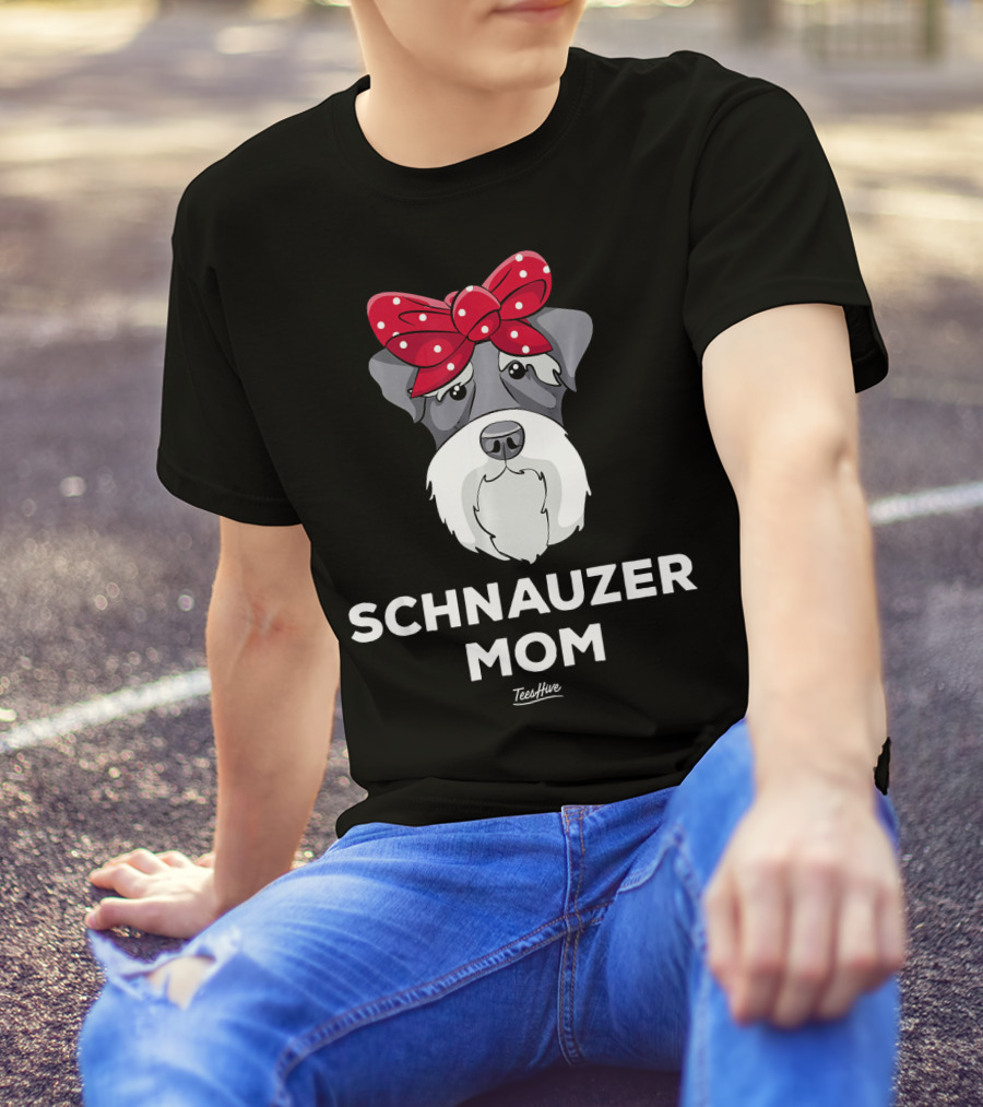 Schnauzer Mom TeesHive Dog With Red Polka Dot Bow T-Shirt