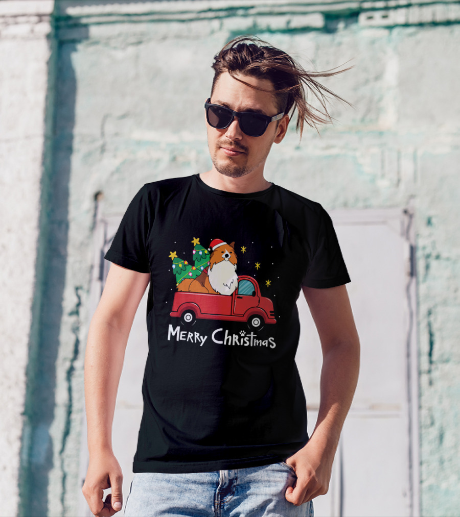Merry Christmas Sheltie Sheepdog Red Truck Tree T-Shirt