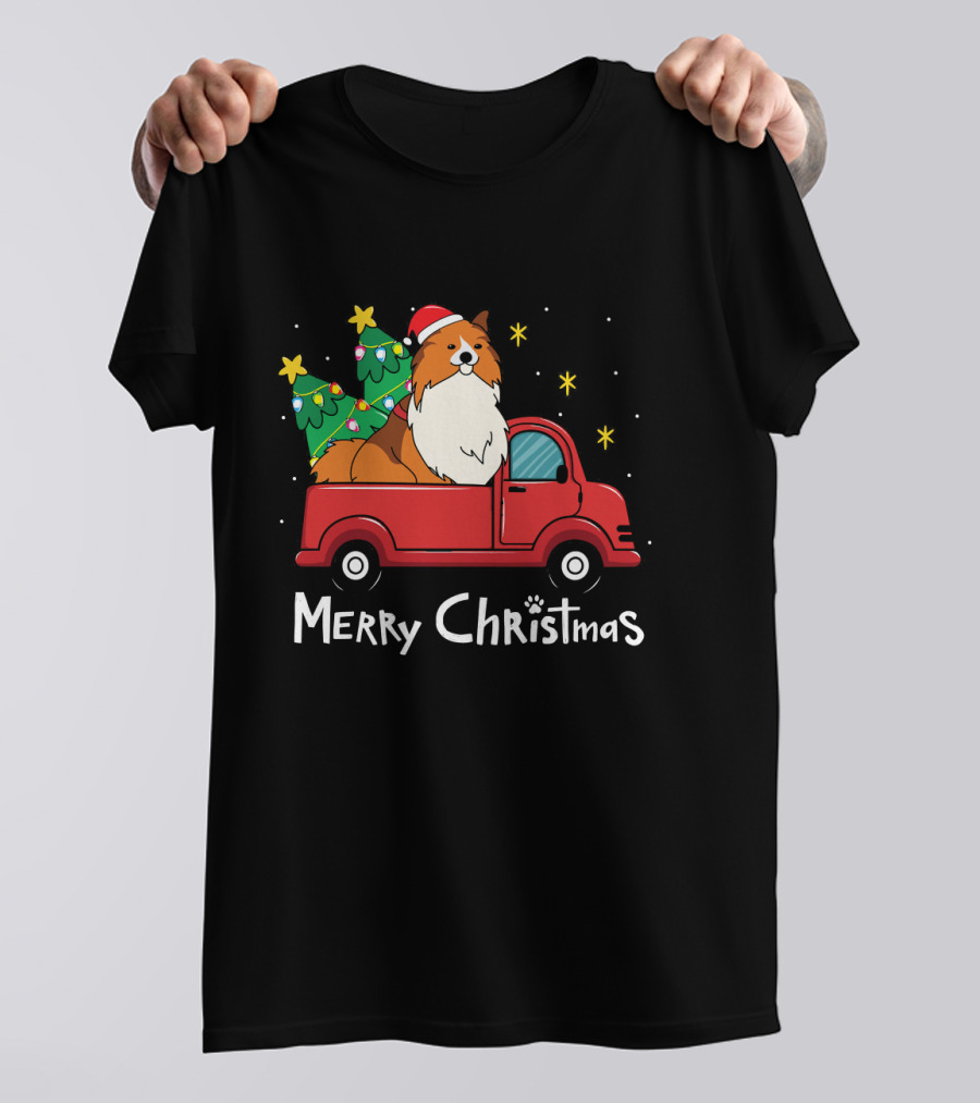 Merry Christmas Sheltie Sheepdog Red Truck Tree T-Shirt