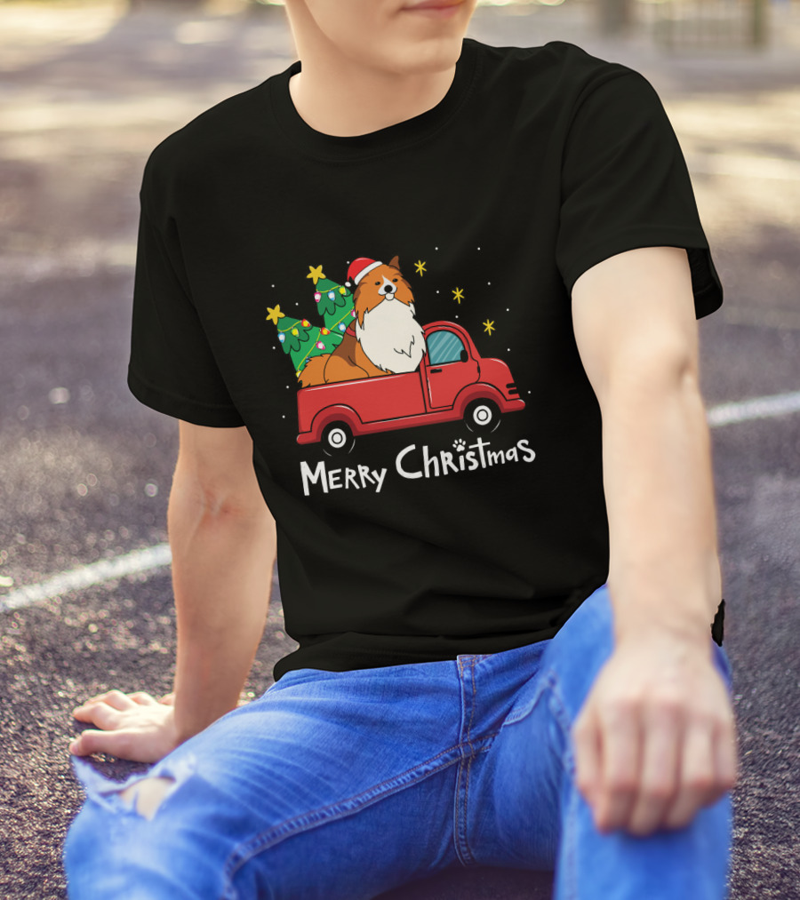 Merry Christmas Sheltie Sheepdog Red Truck Tree T-Shirt