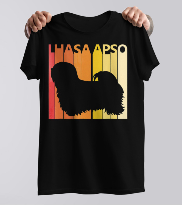 Vintage Lhasa Apso Retro Silhouette Sunset Stripes T-Shirt