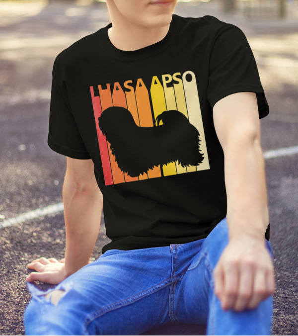 Vintage Lhasa Apso Retro Silhouette Sunset Stripes T-Shirt