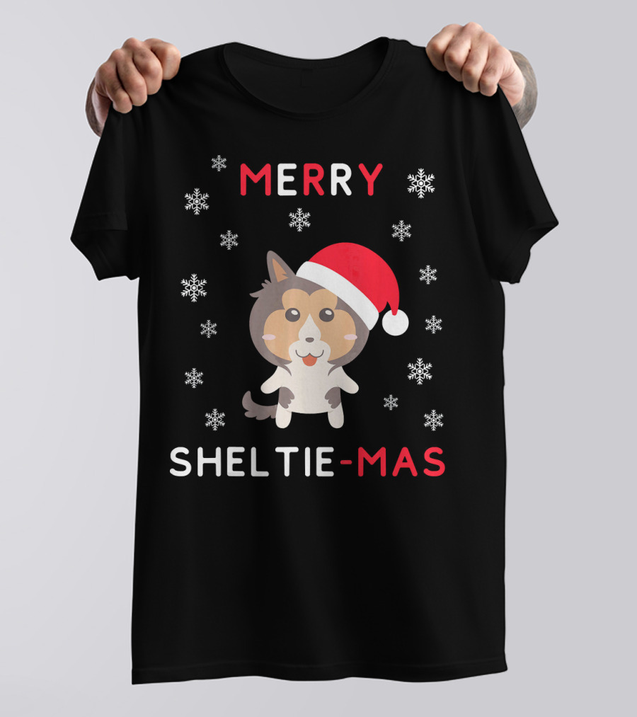 Merry Sheltie Mas Funny Christmas Shetland Sheepdog Santa Hat Snowflakes T-Shirt