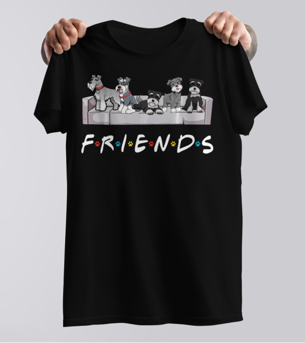 Schnauzer Friends Sitting On Couch With Paw Print Letters T-Shirt