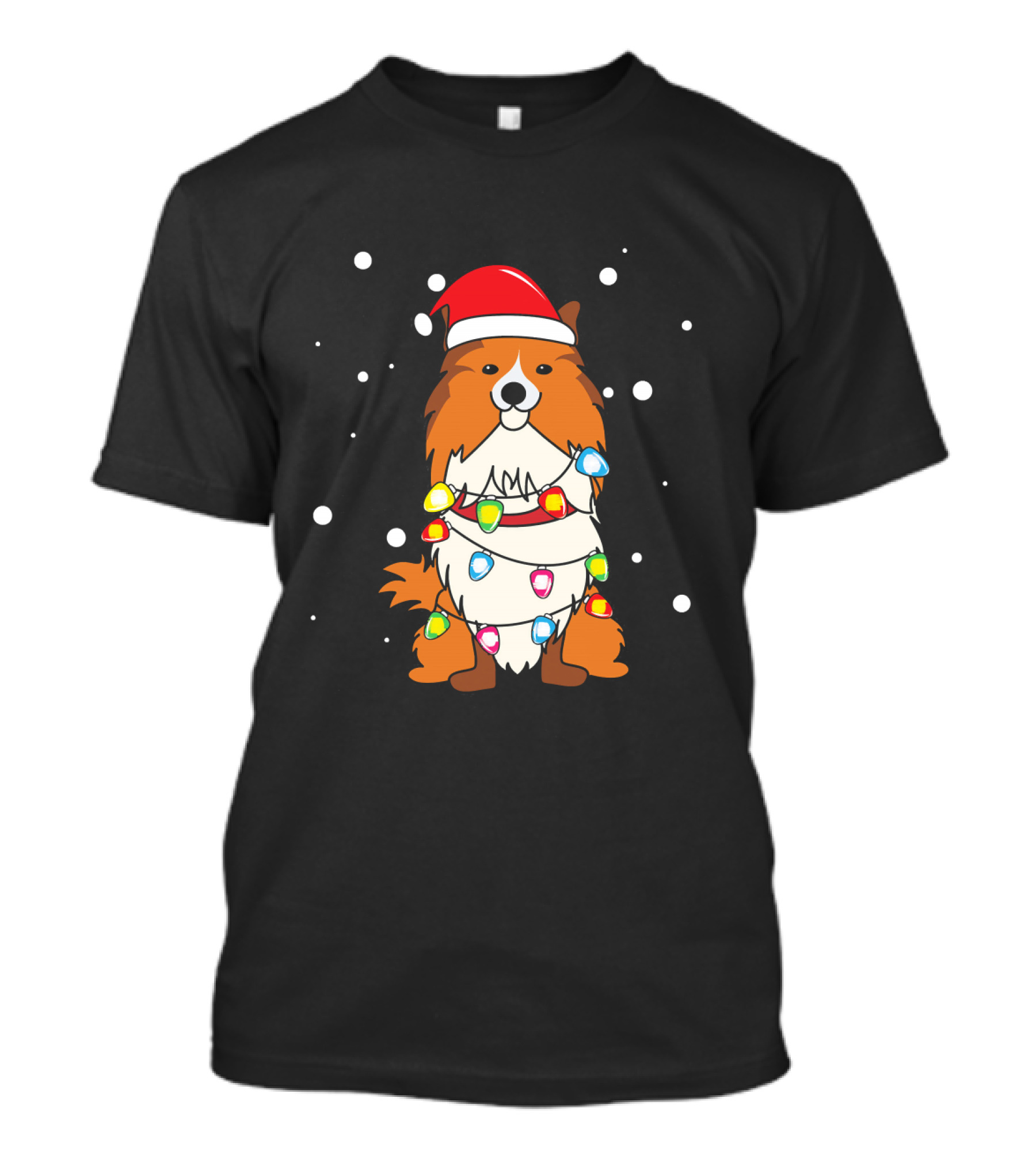 Christmas Sheltie Dog Wrapped In Festive Lights With Santa Hat T-Shirt