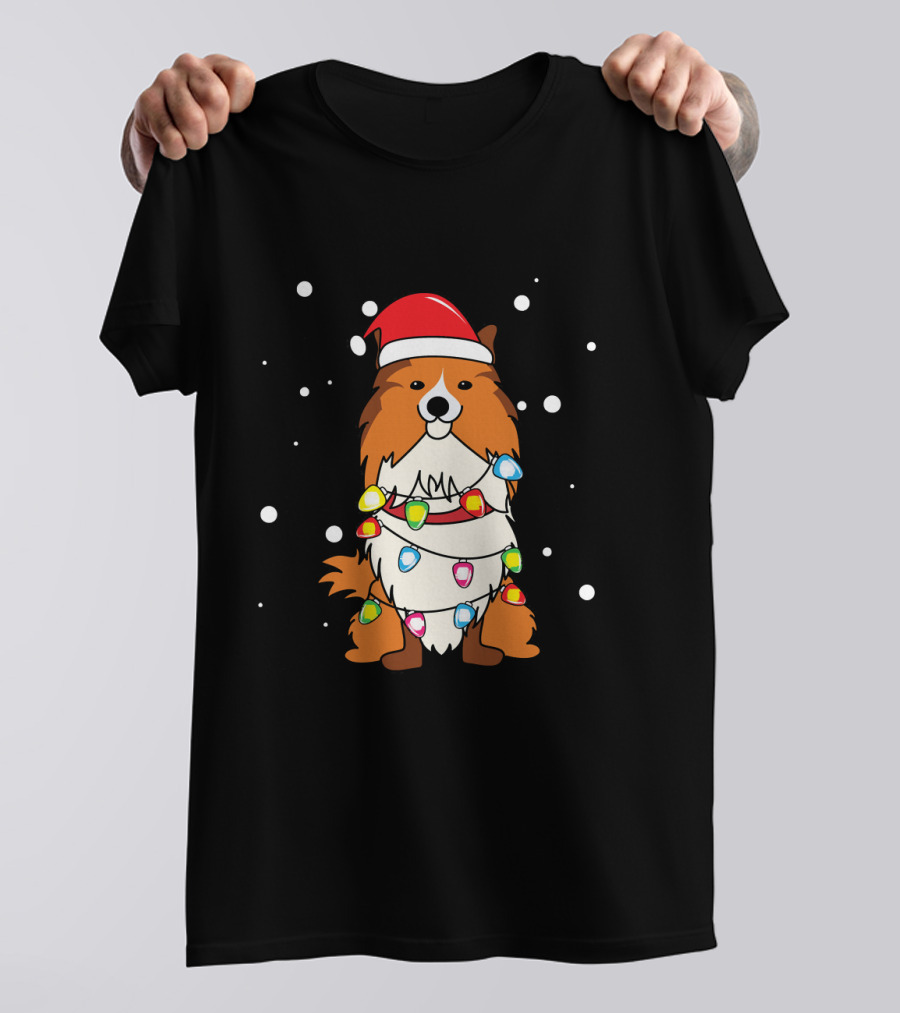 Christmas Sheltie Dog Wrapped In Festive Lights With Santa Hat T-Shirt