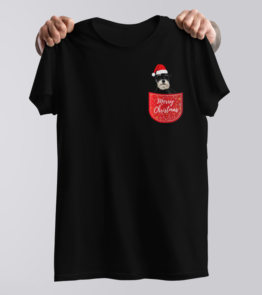 Miniature Schnauzer Merry Christmas Dog Santa Hat Pocket T-Shirt