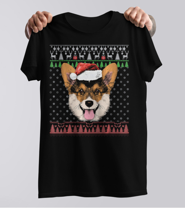 Welsh Corgi Dog Santa Hat Ugly Christmas T-Shirt