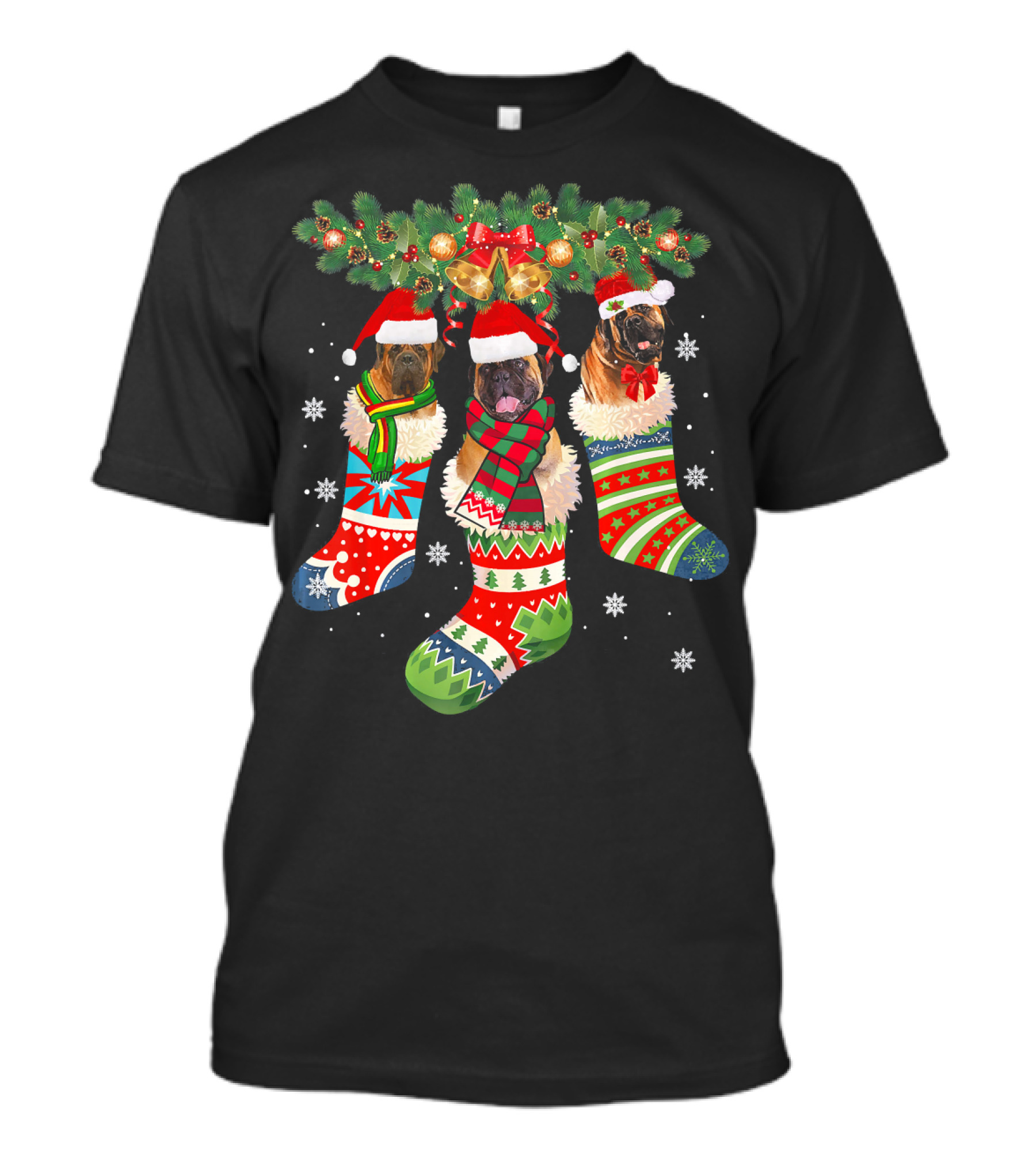 Three English Mastiff In Christmas Stockings With Santa Hats And Festive Decor T-Shirt