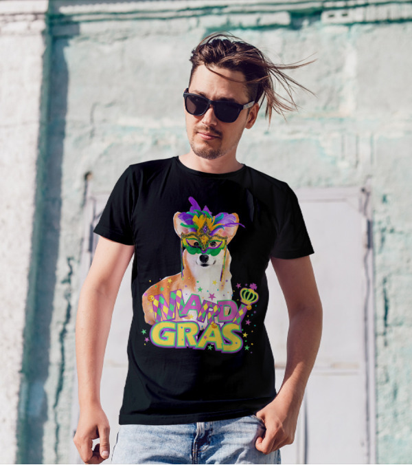 Mardi Gras Pembroke Welsh Corgi With Festive Mask And Crown T-Shirt