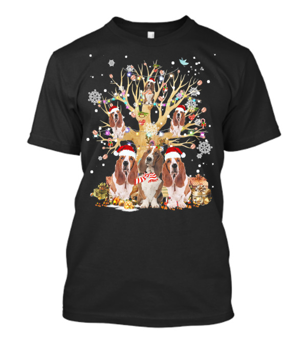 Basset Hound Christmas Tree Ornament With Santa Hats And Holiday Decorations T-Shirt