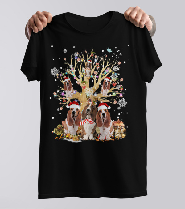 Basset Hound Christmas Tree Ornament With Santa Hats And Holiday Decorations T-Shirt