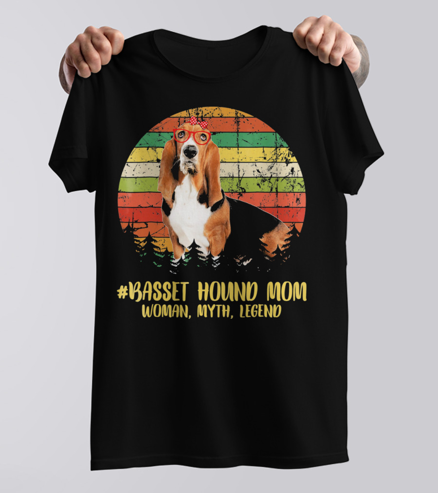 Basset Hound Mom Woman Myth Legend Retro Sunset Forest T-Shirt