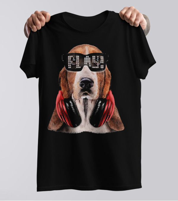 Basset Hound Dog DJ With Play LED Sunglasses And Headphones T-Shirt