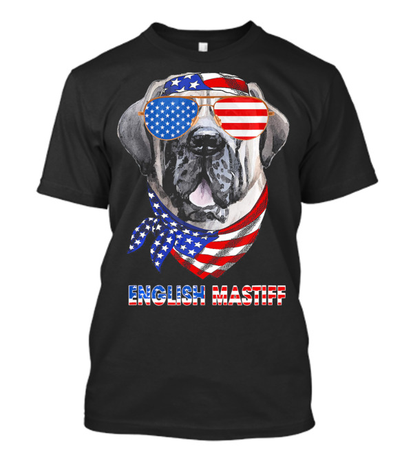 English Mastiff Dog With American Flag Sunglasses And Bandana T-Shirt