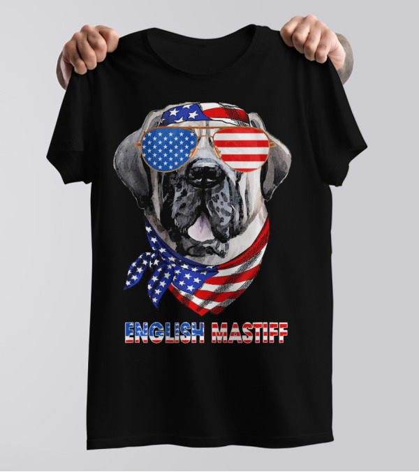English Mastiff Dog With American Flag Sunglasses And Bandana T-Shirt