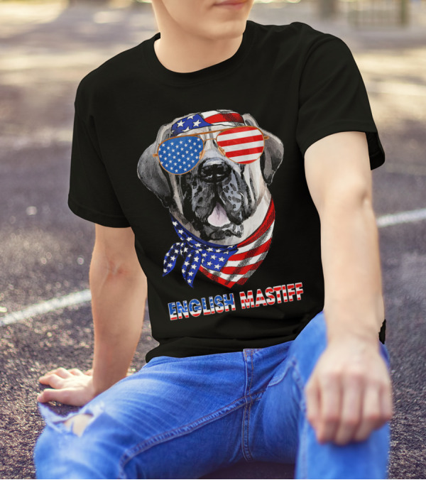 English Mastiff Dog With American Flag Sunglasses And Bandana T-Shirt