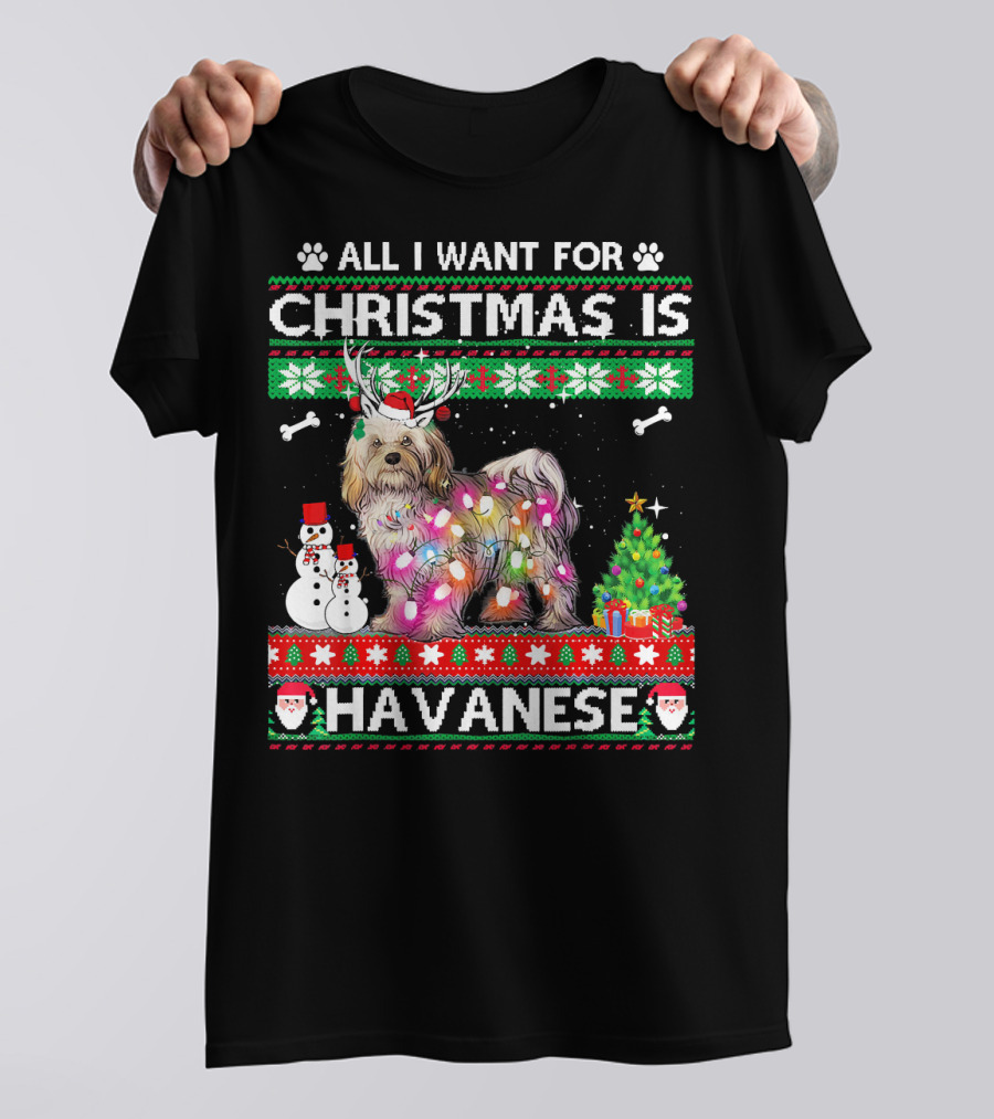All I Want For Christmas Is Havanese Reindeer Lights Snowman Tree T-Shirt