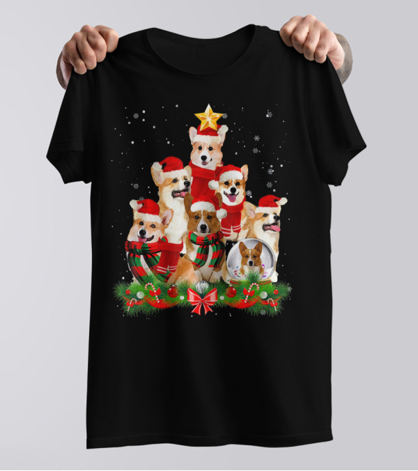 Welsh Corgi Christmas Tree With Santa Hats And Festive Decorations T-Shirt