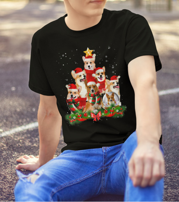 Welsh Corgi Christmas Tree With Santa Hats And Festive Decorations T-Shirt