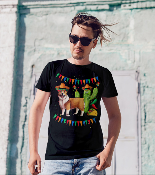 Sombrero Cardigan Welsh Corgi Dog Mexican Fiesta Cactus Taco Party T-Shirt
