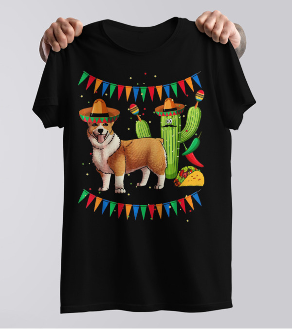 Sombrero Cardigan Welsh Corgi Dog Mexican Fiesta Cactus Taco Party T-Shirt