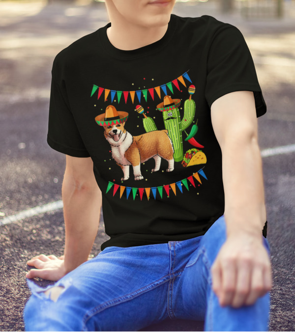 Sombrero Cardigan Welsh Corgi Dog Mexican Fiesta Cactus Taco Party T-Shirt