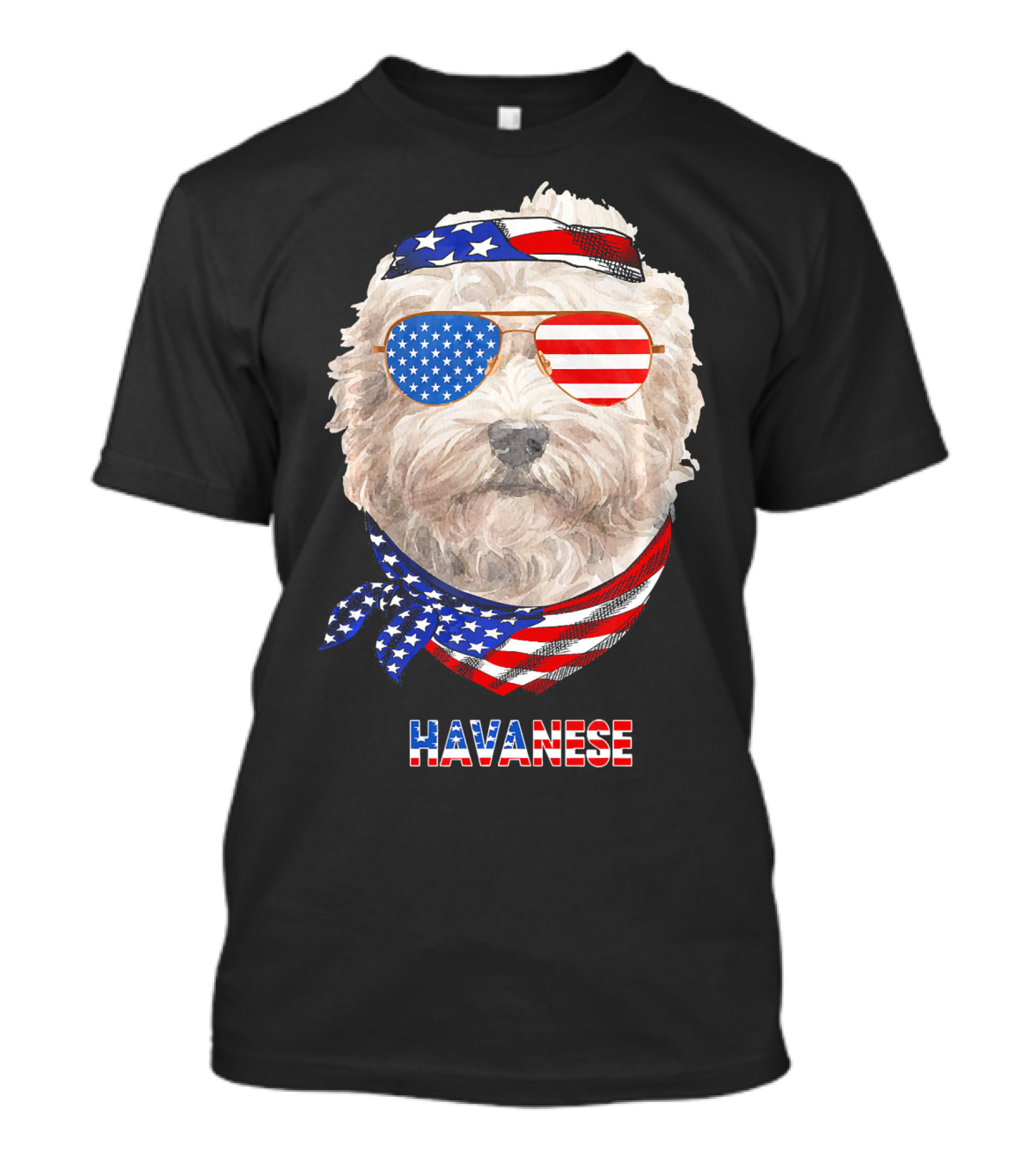 Havanese Dog With American Flag Sunglasses And Bandana T-Shirt