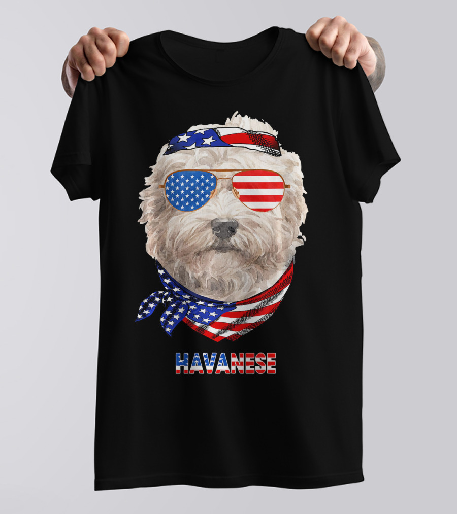 Havanese Dog With American Flag Sunglasses And Bandana T-Shirt