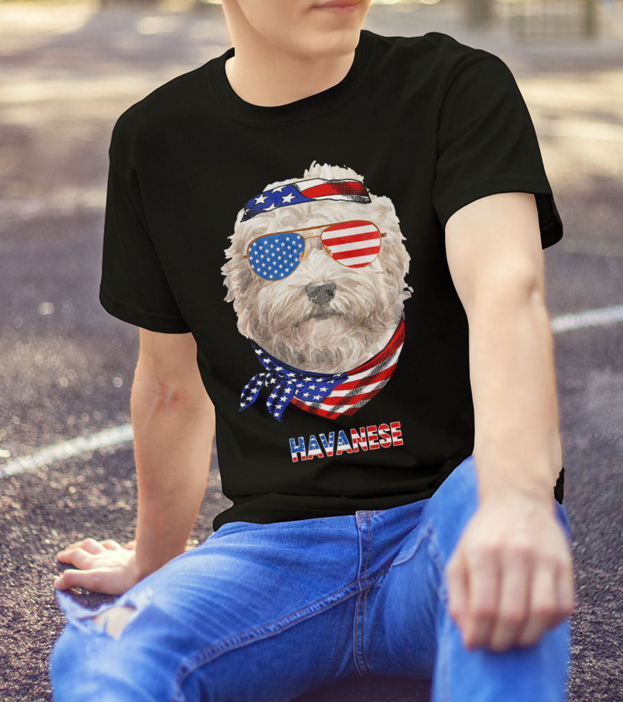 Havanese Dog With American Flag Sunglasses And Bandana T-Shirt