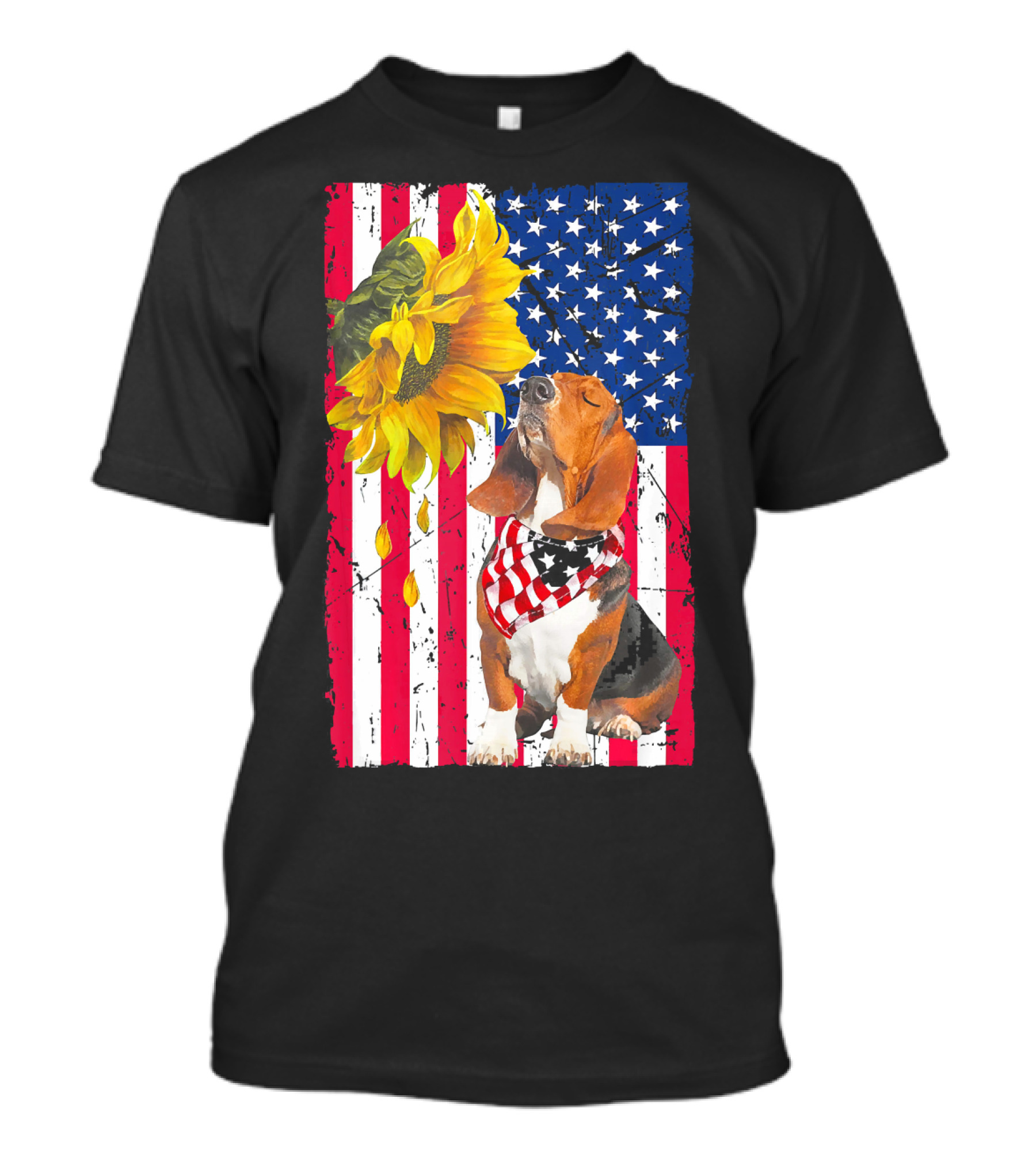 Basset Hound Wearing American Flag Bandana With Sunflower On Patriotic Stripes And Stars Background T-Shirt
