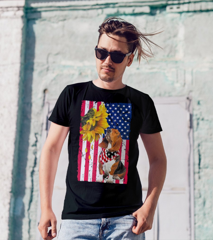 Basset Hound Wearing American Flag Bandana With Sunflower On Patriotic Stripes And Stars Background T-Shirt