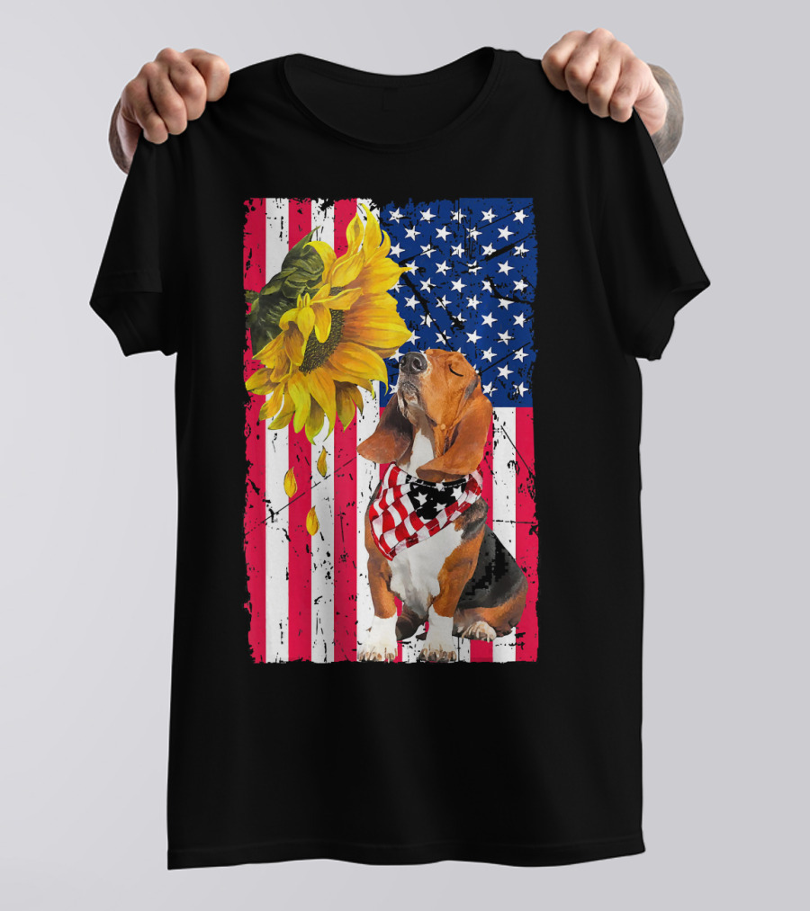 Basset Hound Wearing American Flag Bandana With Sunflower On Patriotic Stripes And Stars Background T-Shirt