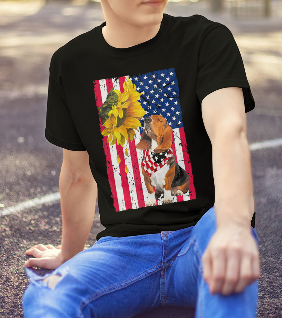 Basset Hound Wearing American Flag Bandana With Sunflower On Patriotic Stripes And Stars Background T-Shirt