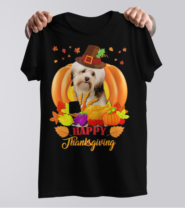 Happy Thanksgiving Havanese Dog In Pilgrim Hat With Autumn Harvest T-Shirt