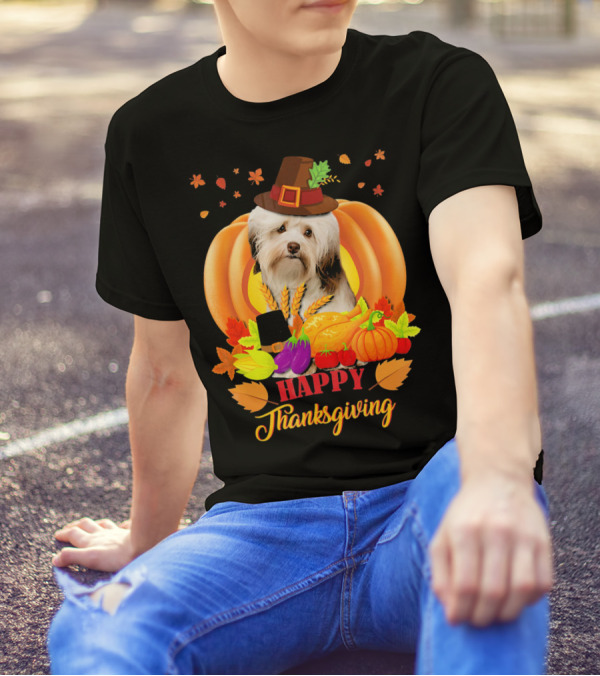 Happy Thanksgiving Havanese Dog In Pilgrim Hat With Autumn Harvest T-Shirt