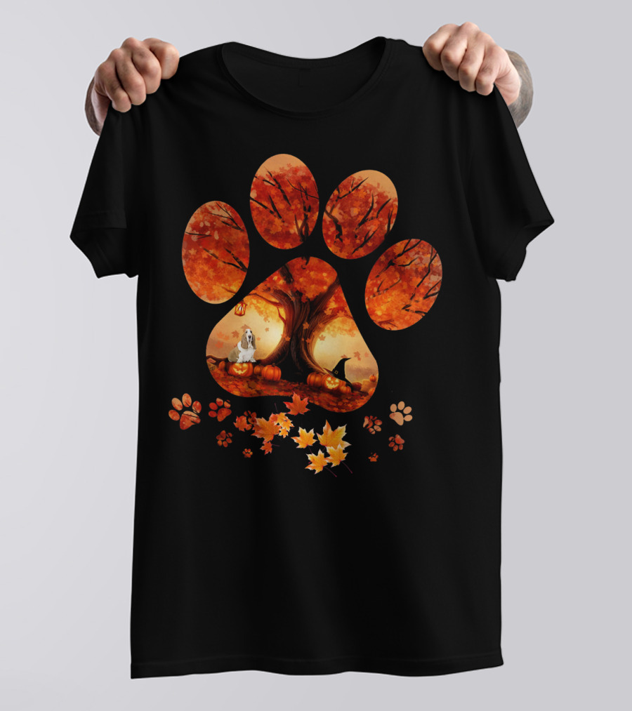 Basset Hound Autumn Paw Print With Yellow Leaves And Pumpkins T-Shirt