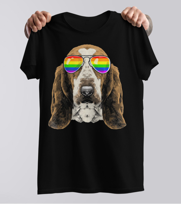 Basset Hound With Rainbow Pride Flag Sunglasses T-Shirt