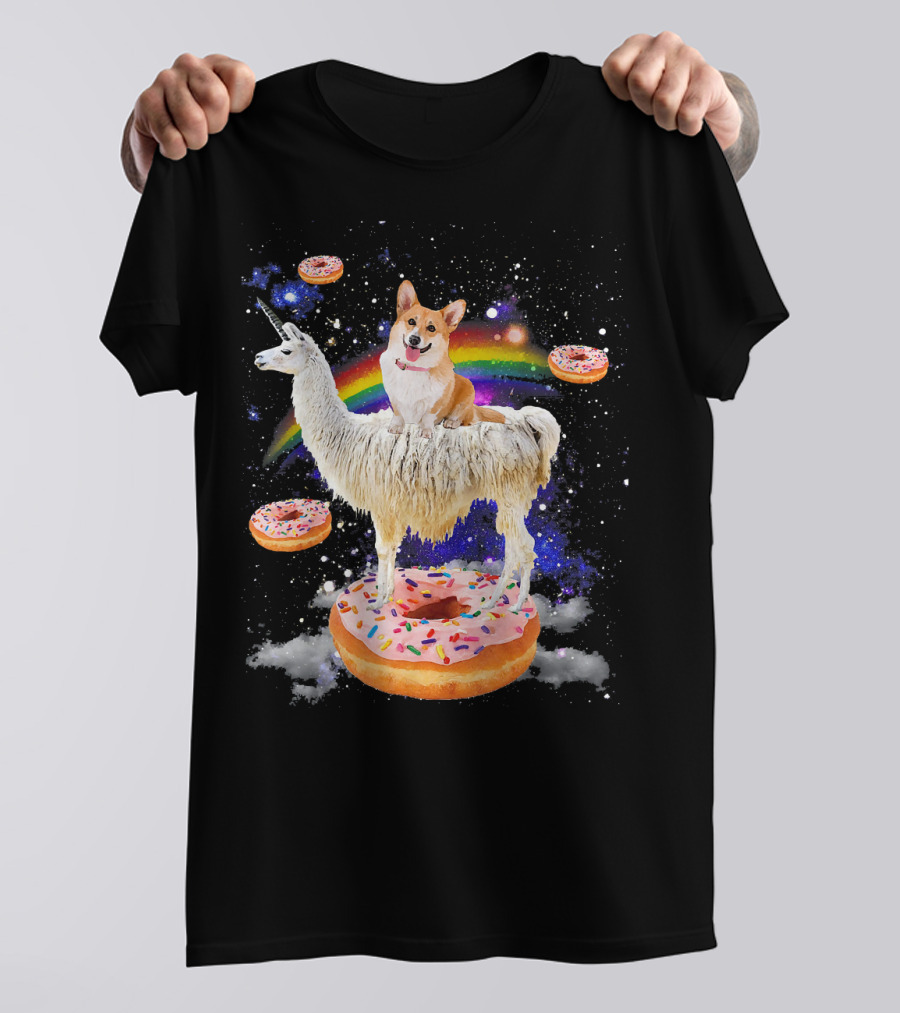 Space Corgi Riding Llama On Donut Galaxy With Rainbow T-Shirt
