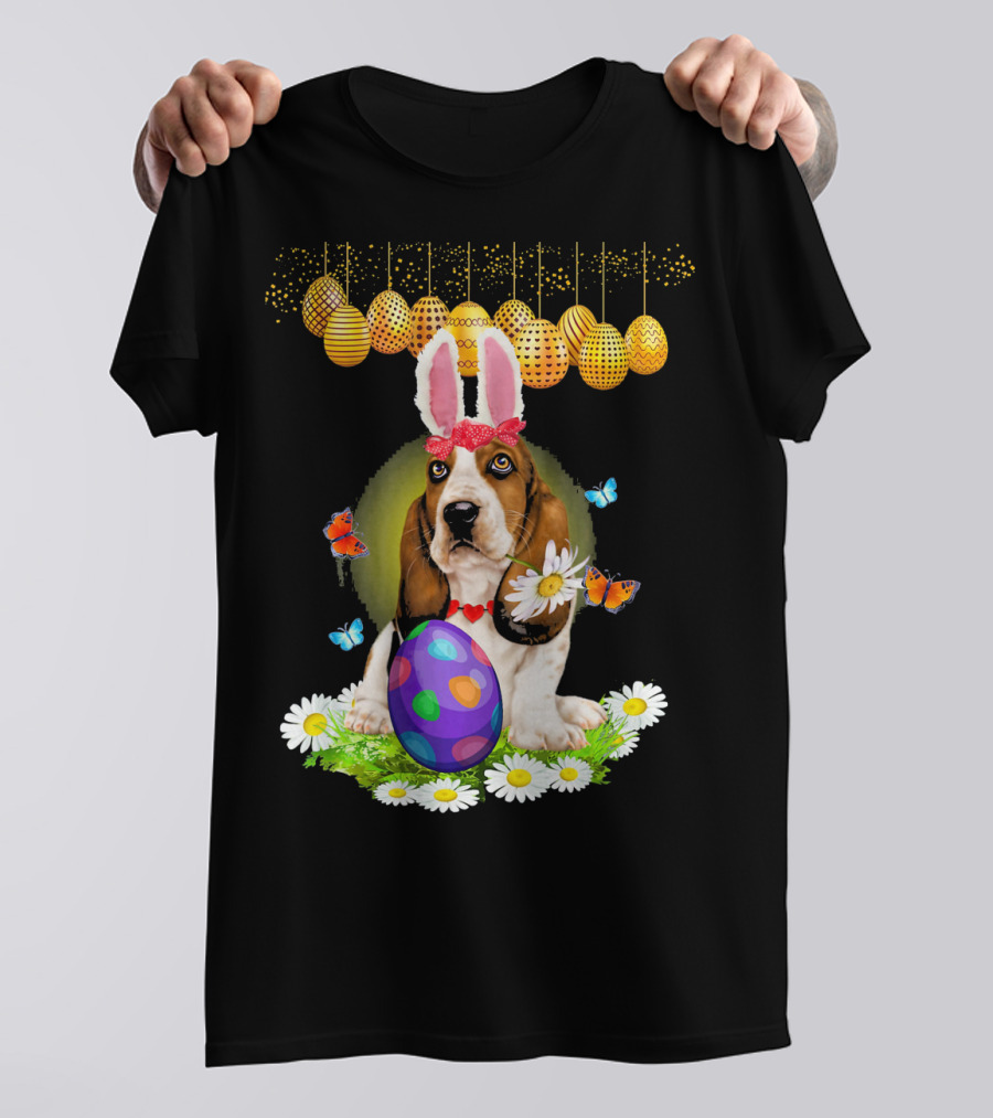 Basset Hound Easter Rabbit Ears With Colorful Egg And Butterflies T-Shirt