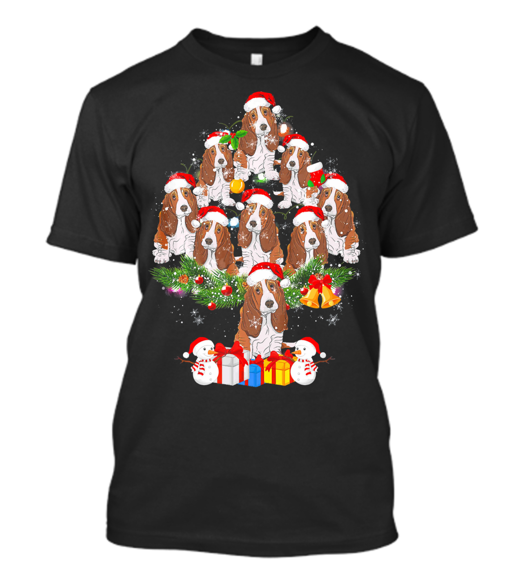 Basset Hound Christmas Tree Santa Hats Snowmen Holiday Gifts T-Shirt