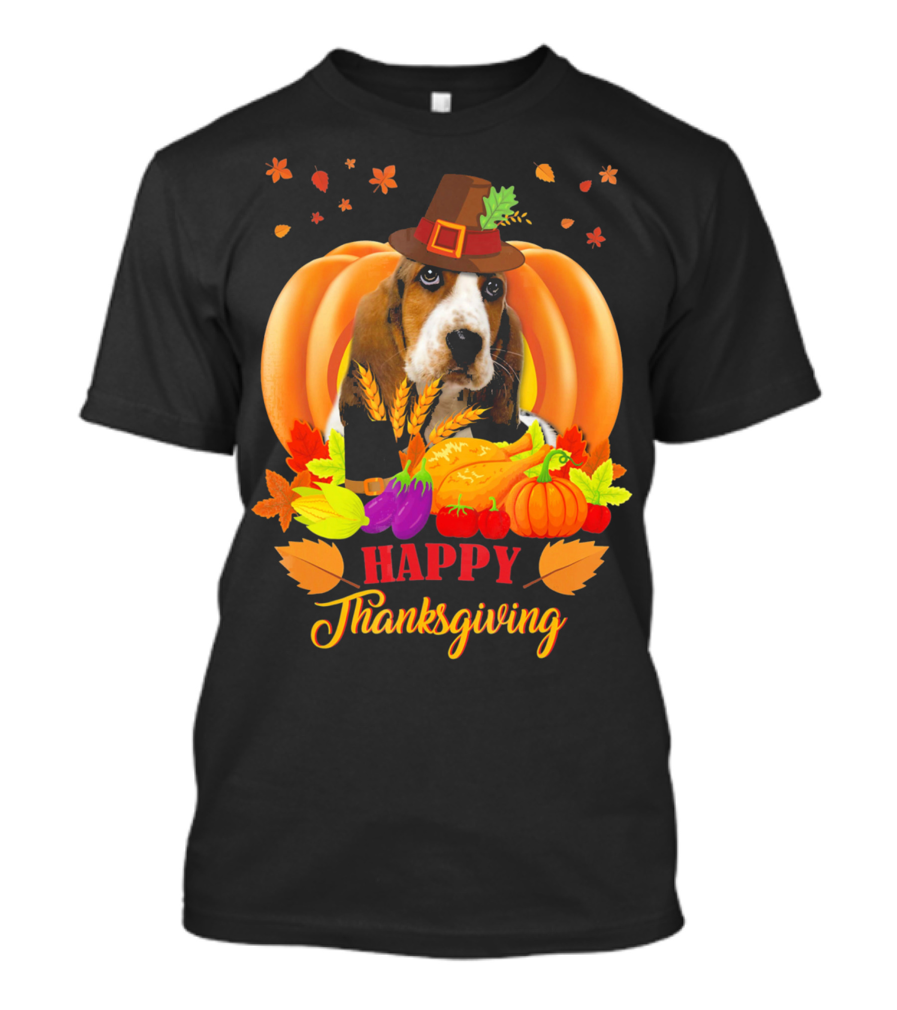 Happy Thanksgiving Basset Hound With Pilgrim Hat And Autumn Harvest T-Shirt