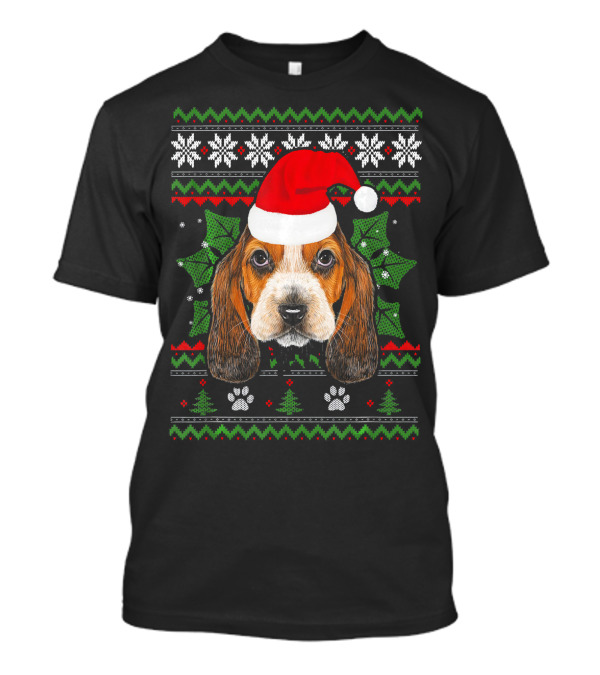 Santa Basset Hound Dog Christmas Sweater Style With Snowflakes And Paw Prints T-Shirt