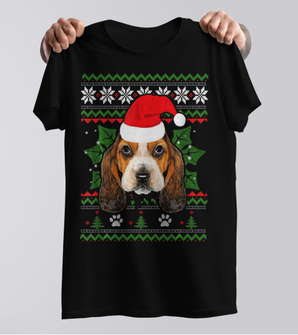 Santa Basset Hound Dog Christmas Sweater Style With Snowflakes And Paw Prints T-Shirt
