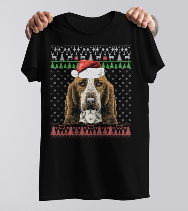 Basset Hound Dog Santa Hat Ugly Sweater Christmas T-Shirt