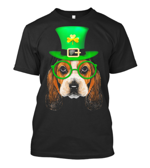 Basset Hound With Green Leprechaun Hat And Shamrock Glasses T-Shirt