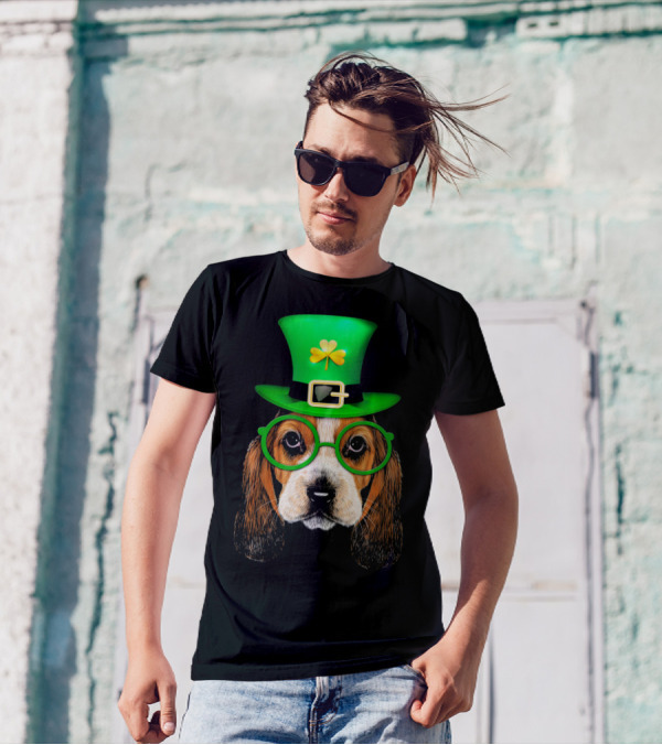 Basset Hound With Green Leprechaun Hat And Shamrock Glasses T-Shirt
