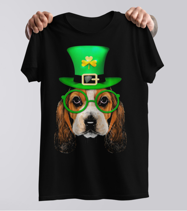 Basset Hound With Green Leprechaun Hat And Shamrock Glasses T-Shirt