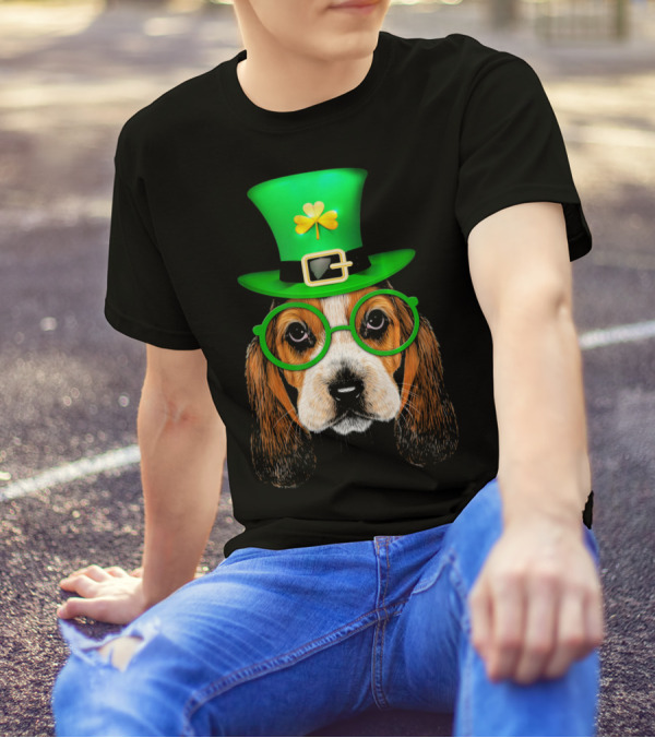 Basset Hound With Green Leprechaun Hat And Shamrock Glasses T-Shirt