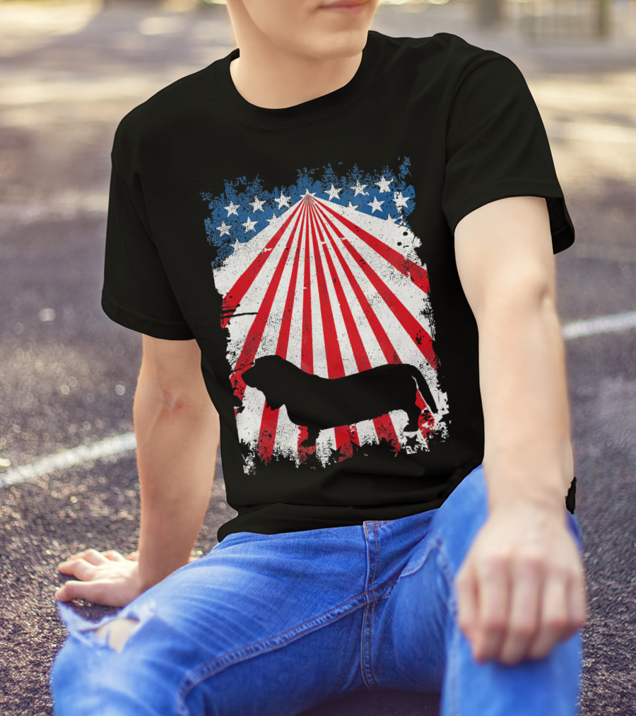Basset Hound Silhouette With American Flag T-Shirt
